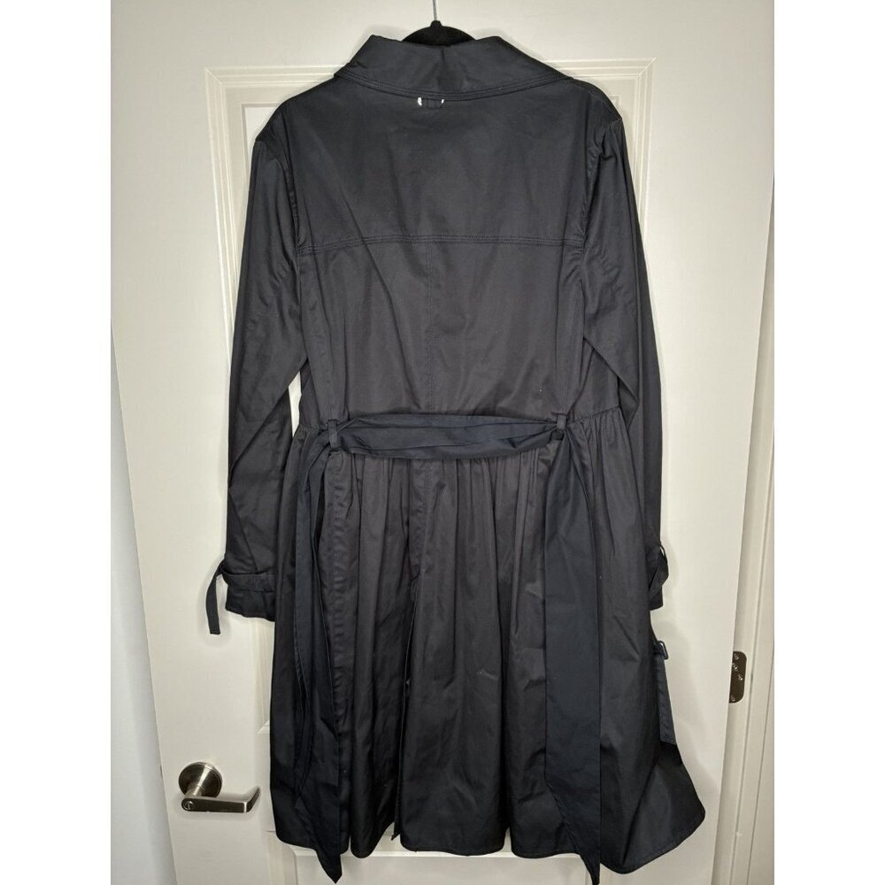 J Peterman NWOT Double Breasted Peplum Long Trench Coat Belted Black Medium - Picture 4 of 6